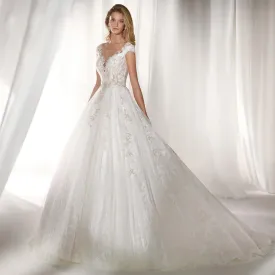 A-Line Wedding Dress Luxury Appliques Beaded Cap Sleeve Court Train Pleat Bride Gown