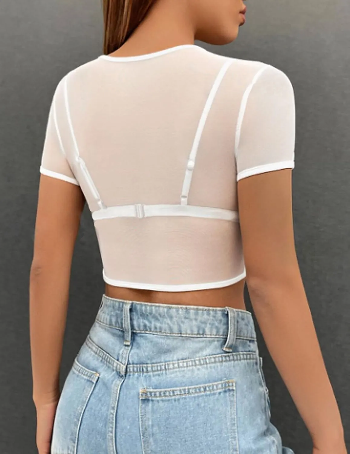 ADOME Mesh Top Mesh Crop Top Plus Sheer Cropped Shirt Black Crop Short Sleeve S-XXL