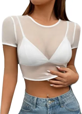 ADOME Mesh Top Mesh Crop Top Plus Sheer Cropped Shirt Black Crop Short Sleeve S-XXL