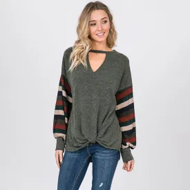 Aine Stripe Sleeve Top Khaki