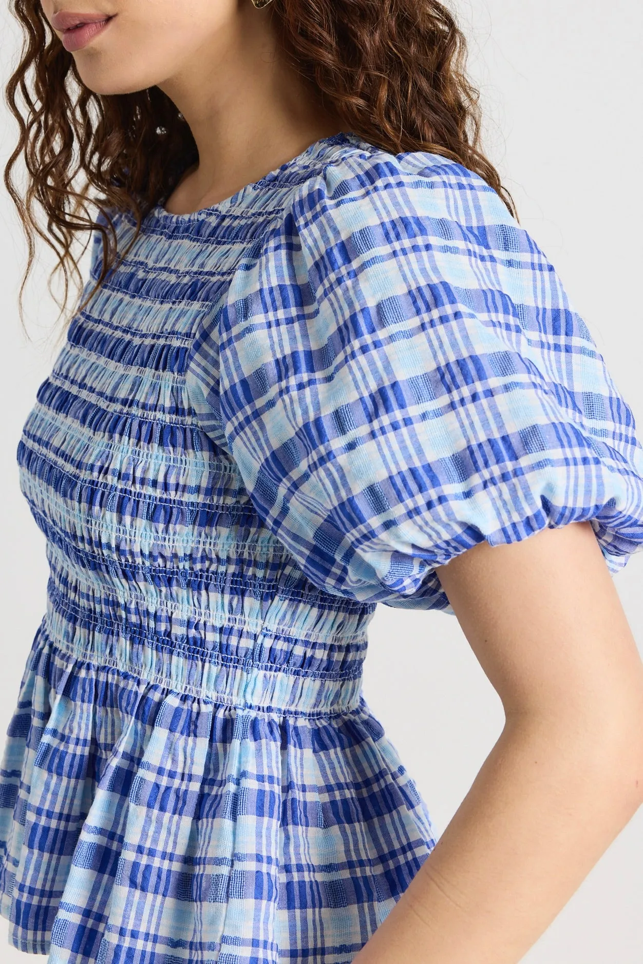 Beholden Blue Check Shirred Short Sleeve Top