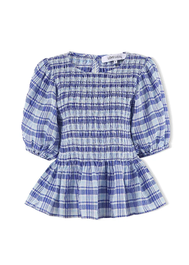 Beholden Blue Check Shirred Short Sleeve Top