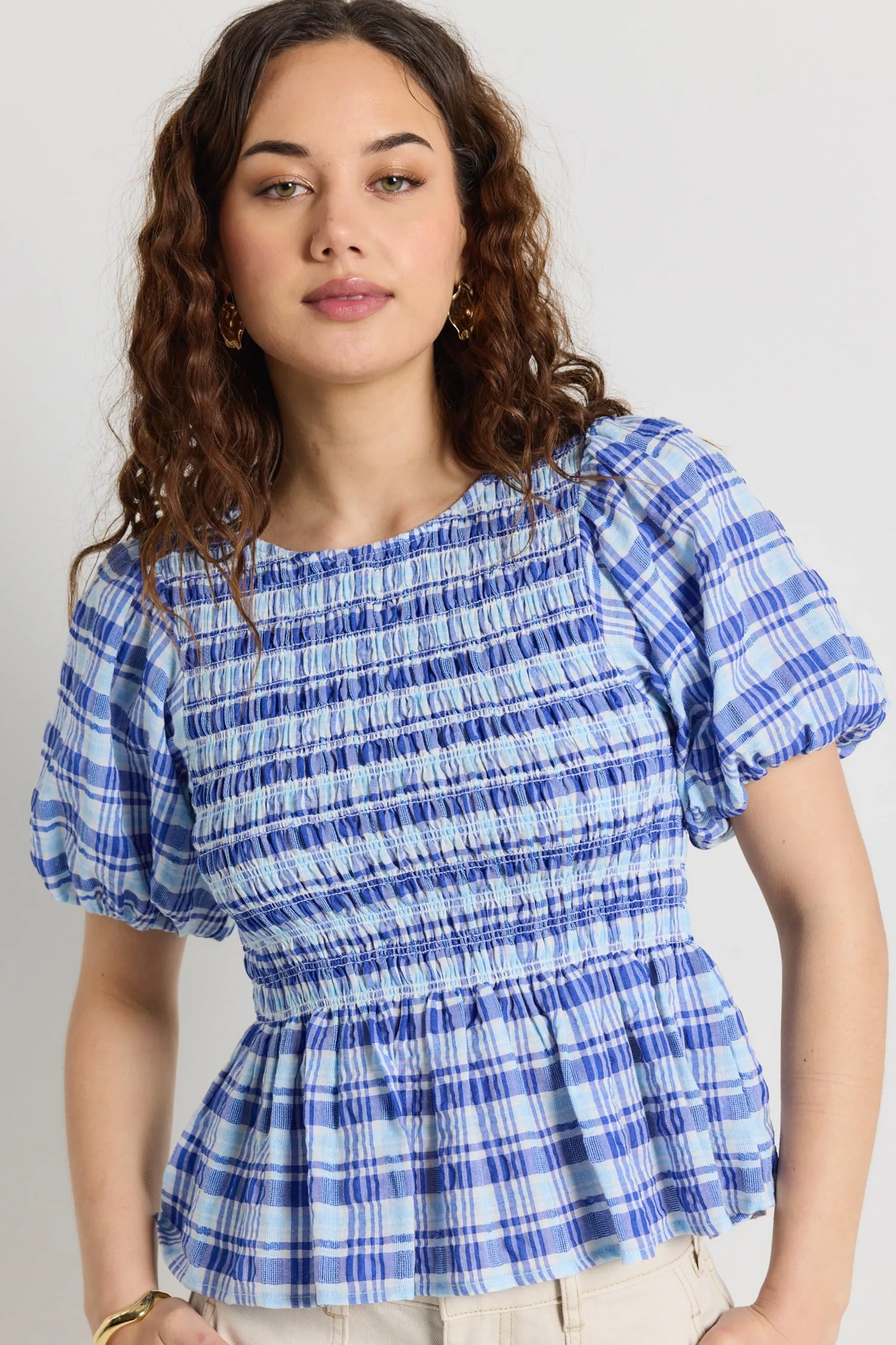 Beholden Blue Check Shirred Short Sleeve Top