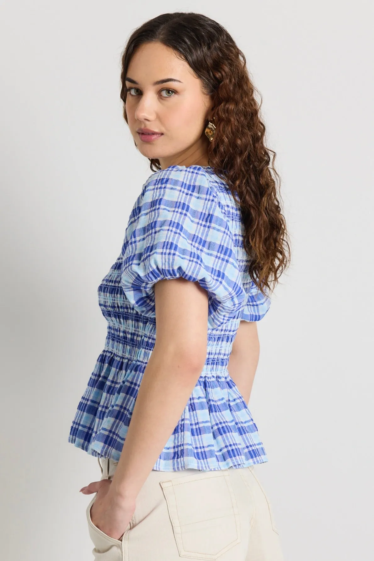 Beholden Blue Check Shirred Short Sleeve Top