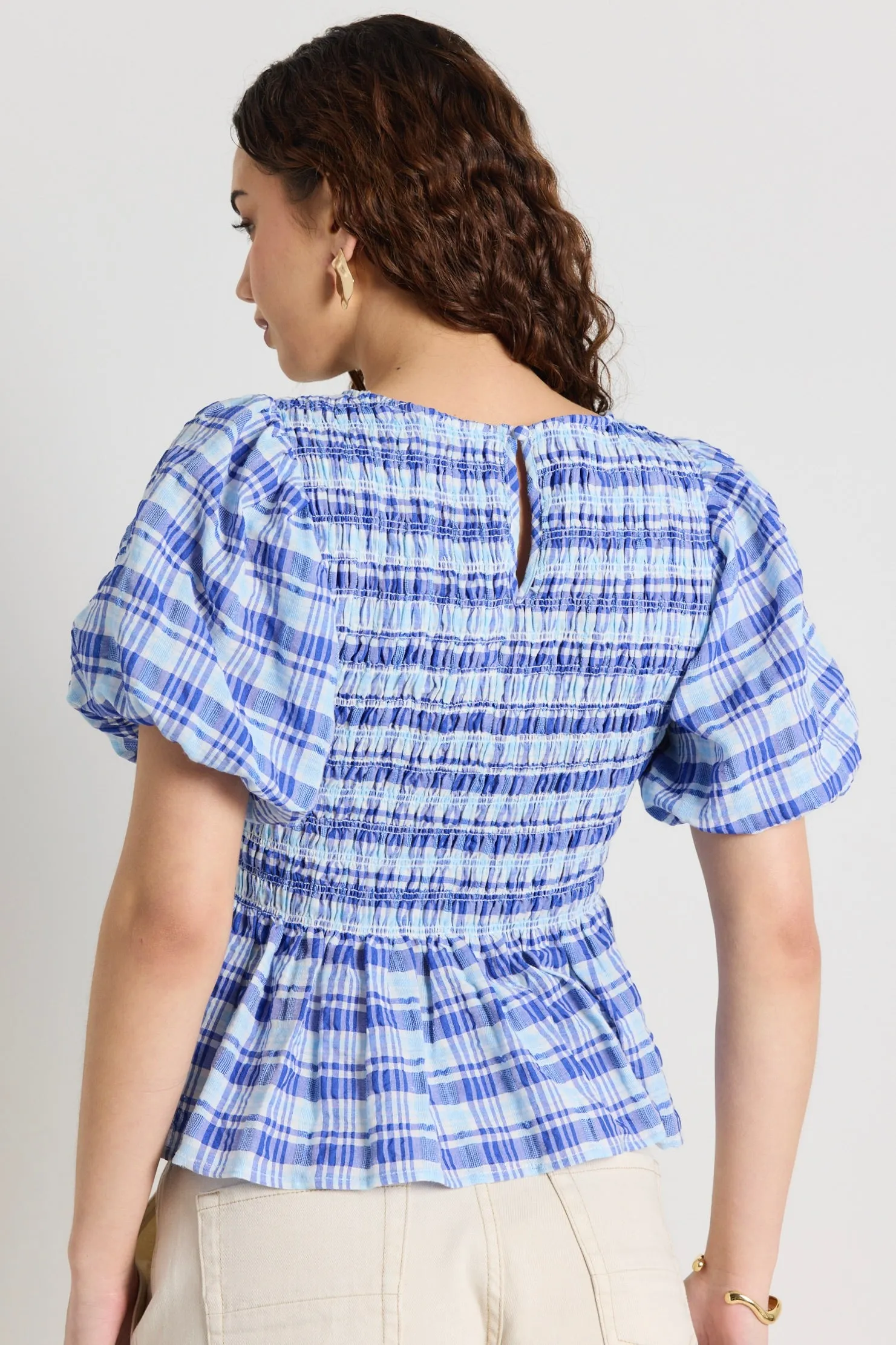Beholden Blue Check Shirred Short Sleeve Top