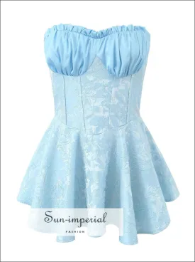 Blue Satin Strapless Jacquard A-line Corset Style Mini Dress With Contrast Color Detail
