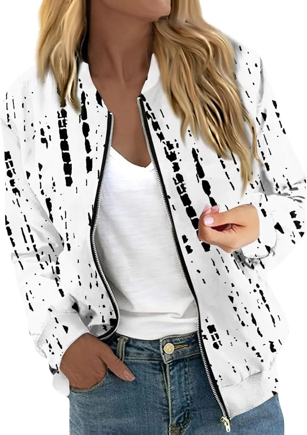 Bomber Jacket Women 2024 Casual Floral Lightweight Oversized Windbreaker Trendy Zip Up Coat Outwear with Pockets