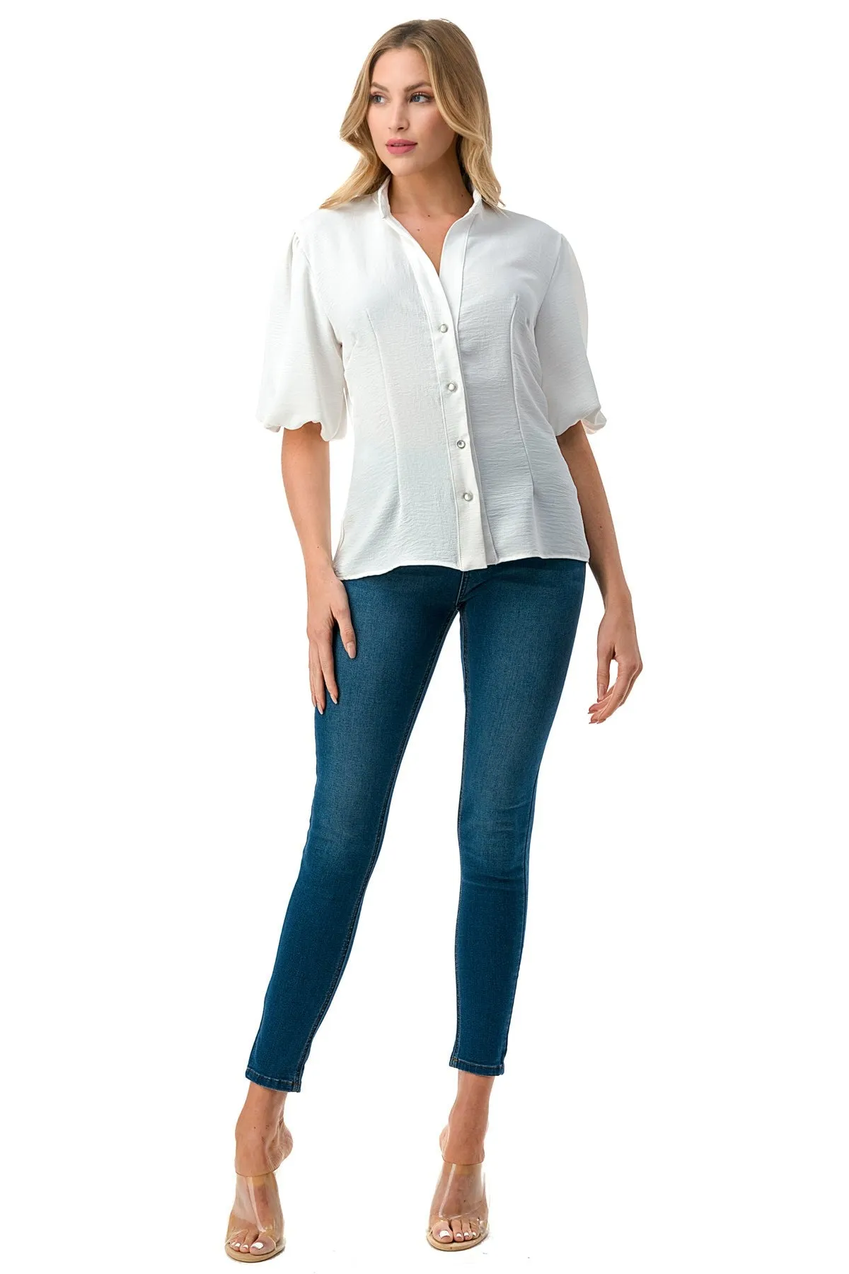 Button Down Flounce Sleeve Blouse