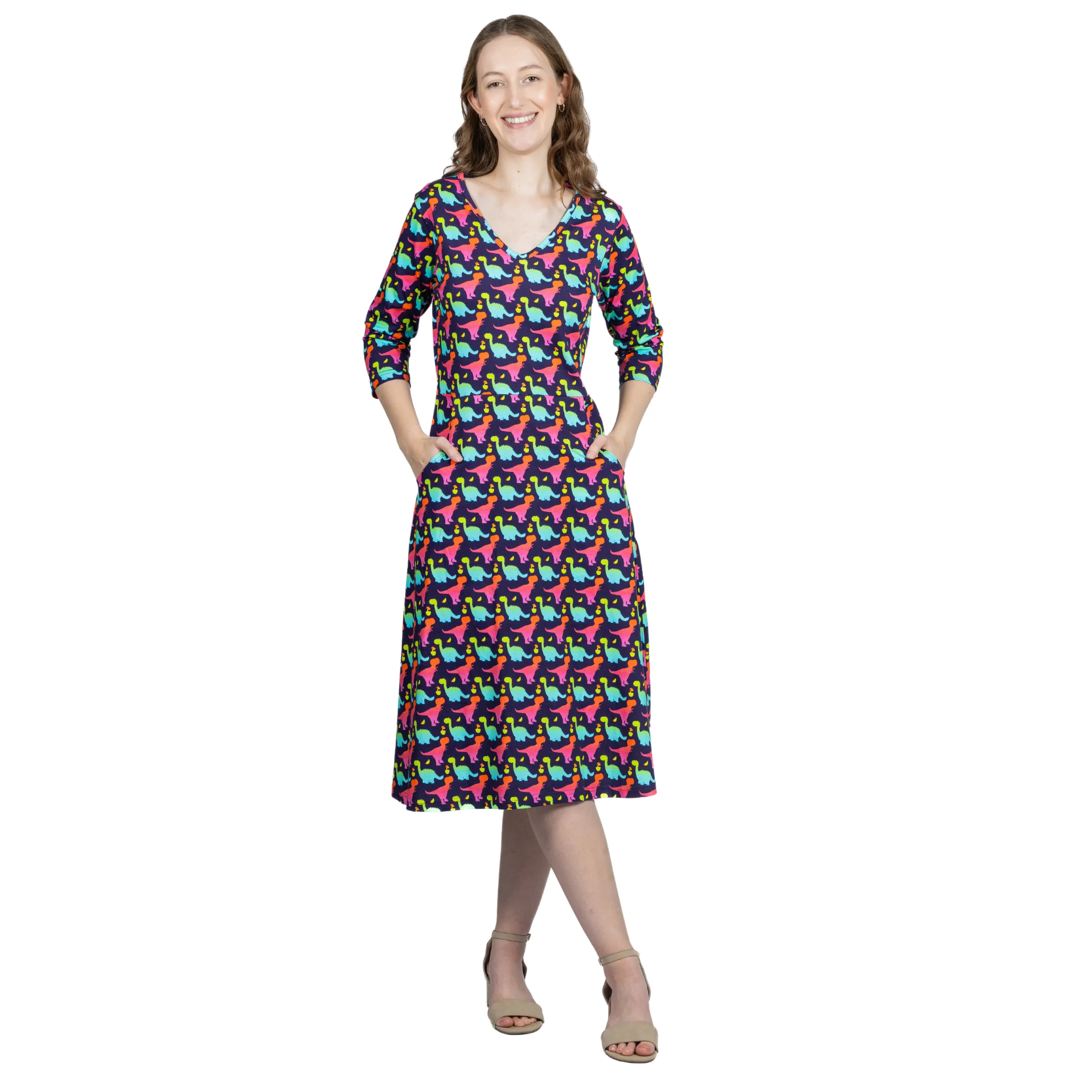Colorful Dinosaurs 3/4th Sleeves A-Line Midi Dress (With Waist Seam)