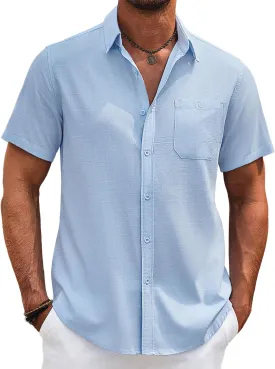COOFANDY Men's Cotton Linen Shirts Short Sleeve Casual Shirts Summer Button Down Shirt Linen Beach Vacation Shirt