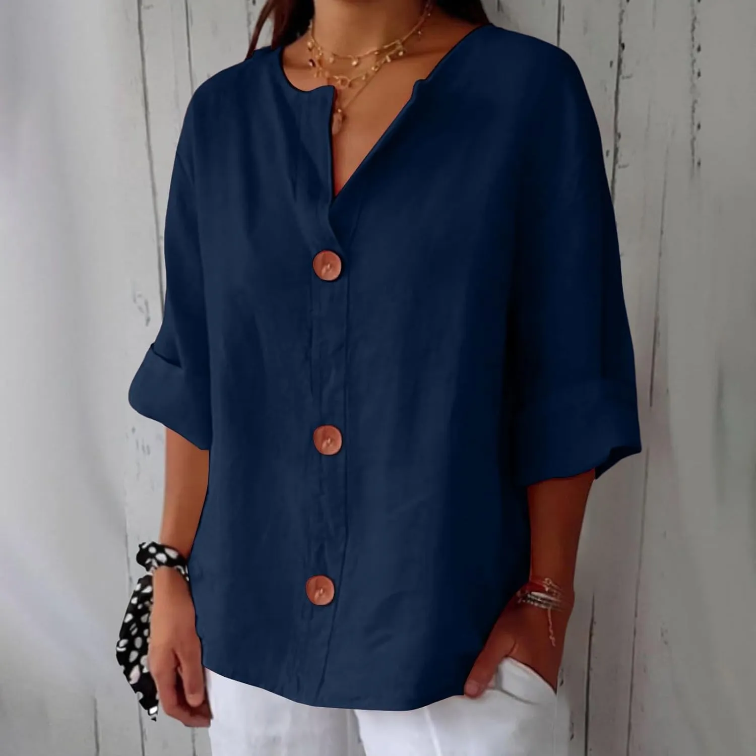 Cotton Linen Shirts for Women Gauze Boho Button Down 3/4 Sleeve Blouses Summer Tops Loose Fit Beach Vacation Outfits