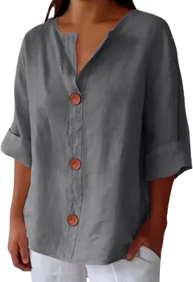 Cotton Linen Shirts for Women Gauze Boho Button Down 3/4 Sleeve Blouses Summer Tops Loose Fit Beach Vacation Outfits