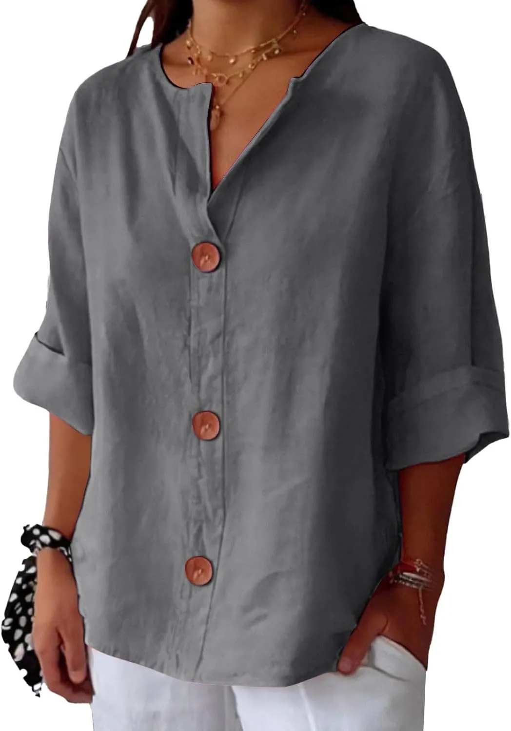 Cotton Linen Shirts for Women Gauze Boho Button Down 3/4 Sleeve Blouses Summer Tops Loose Fit Beach Vacation Outfits
