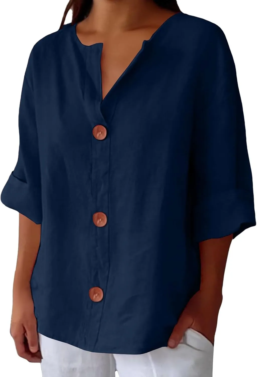 Cotton Linen Shirts for Women Gauze Boho Button Down 3/4 Sleeve Blouses Summer Tops Loose Fit Beach Vacation Outfits