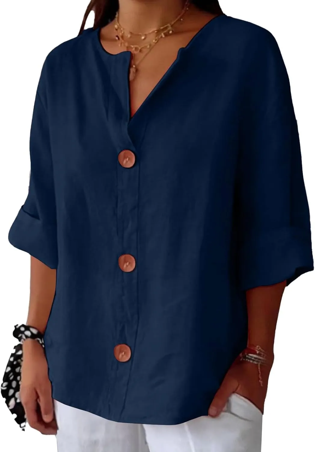 Cotton Linen Shirts for Women Gauze Boho Button Down 3/4 Sleeve Blouses Summer Tops Loose Fit Beach Vacation Outfits