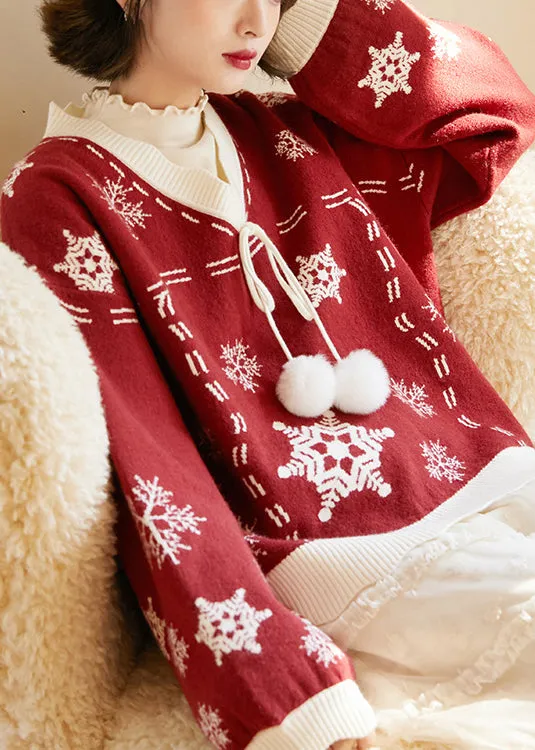 Cute Red V Neck Thick Embroideried Knit Knitted Tops Fall ML2586