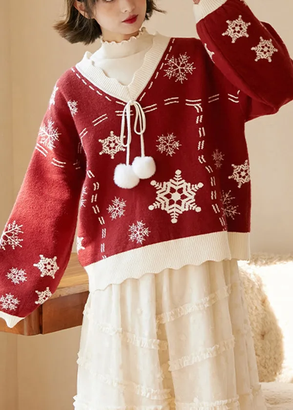 Cute Red V Neck Thick Embroideried Knit Knitted Tops Fall ML2586
