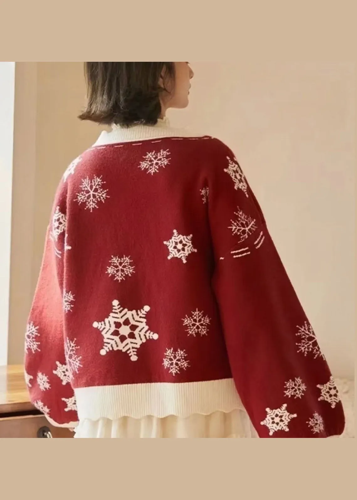 Cute Red V Neck Thick Embroideried Knit Knitted Tops Fall ML2586
