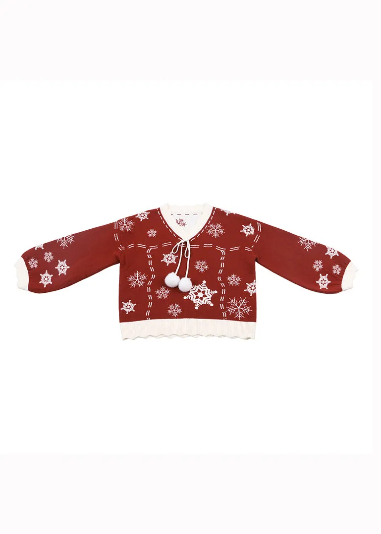 Cute Red V Neck Thick Embroideried Knit Knitted Tops Fall ML2586