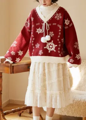 Cute Red V Neck Thick Embroideried Knit Knitted Tops Fall ML2586