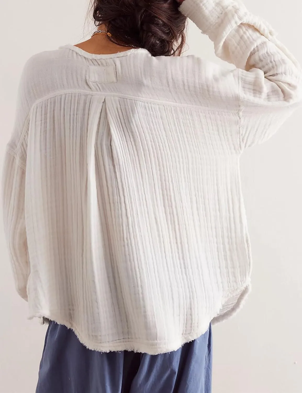 D-Sun Women's Long Sleeves Shirt V Neck Button Up Blouse Top Oversized Cotton Raw Edge Casual Gauze Shirt