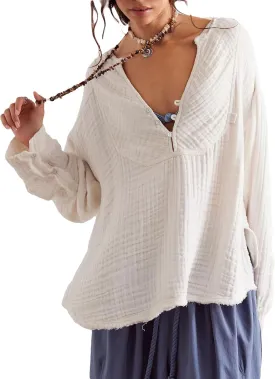 D-Sun Women's Long Sleeves Shirt V Neck Button Up Blouse Top Oversized Cotton Raw Edge Casual Gauze Shirt