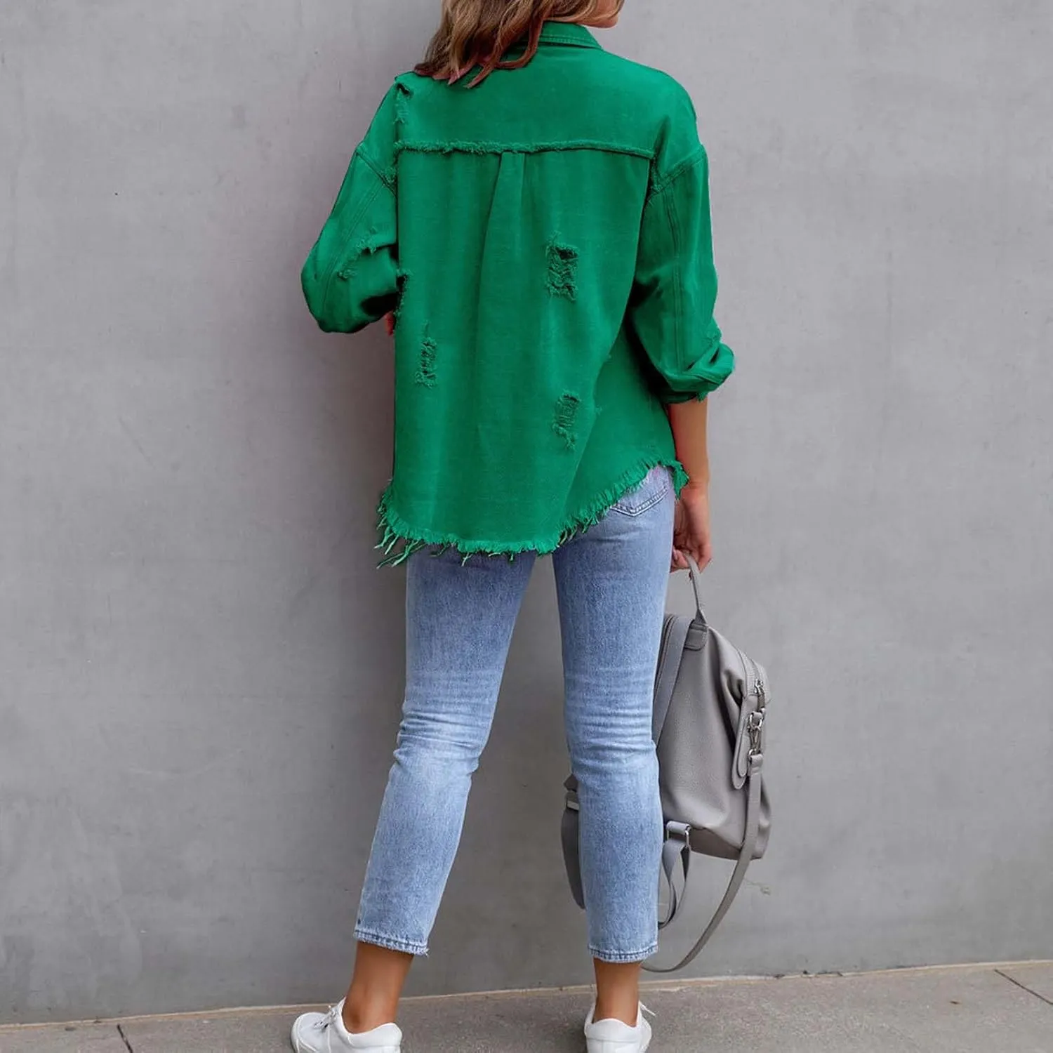 Denim Jacket for Women Oversized Frayed Hem Jean Jacket Ripped Distressed Shacket Casual Button Down Boyfriend Shirt