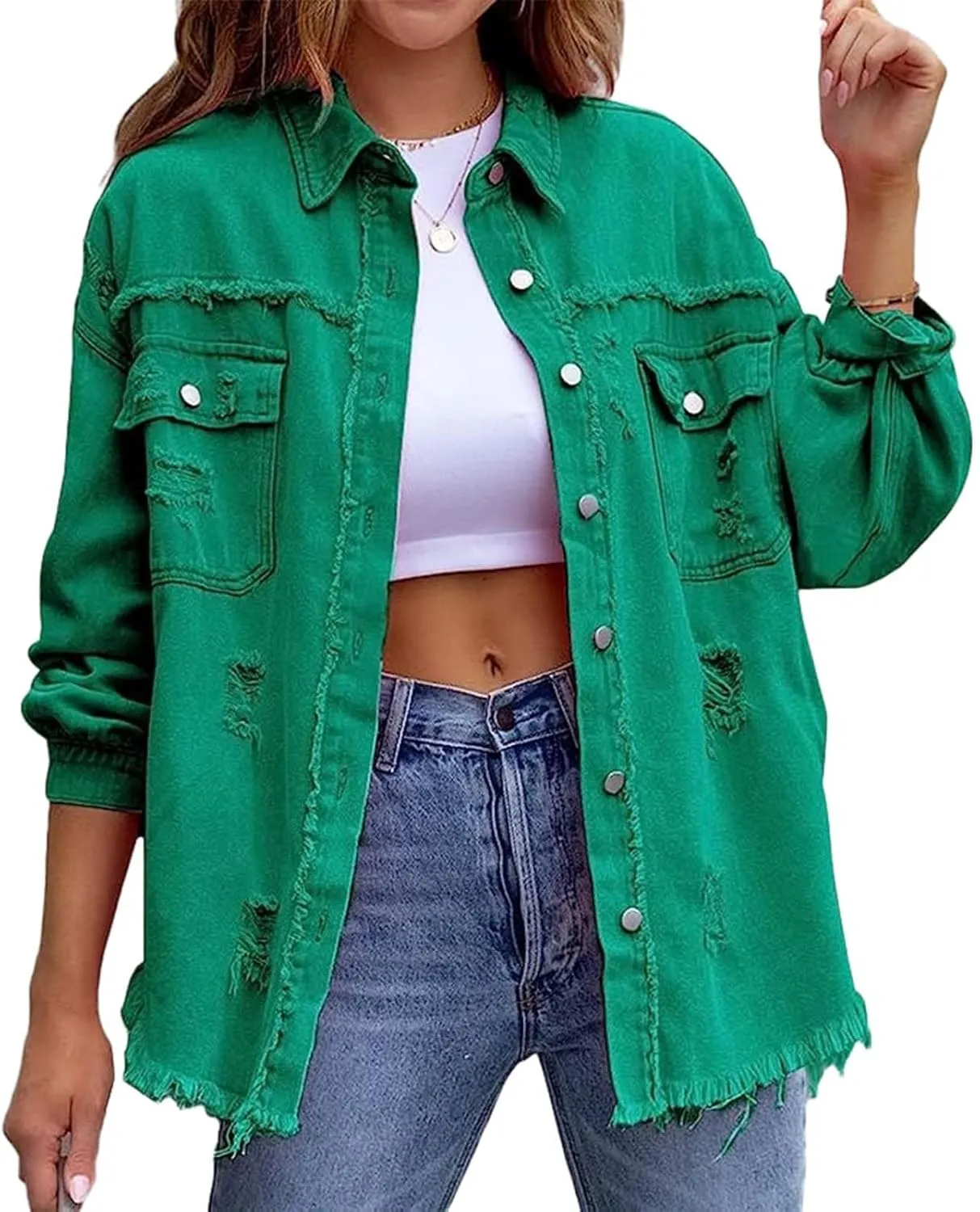 Denim Jacket for Women Oversized Frayed Hem Jean Jacket Ripped Distressed Shacket Casual Button Down Boyfriend Shirt