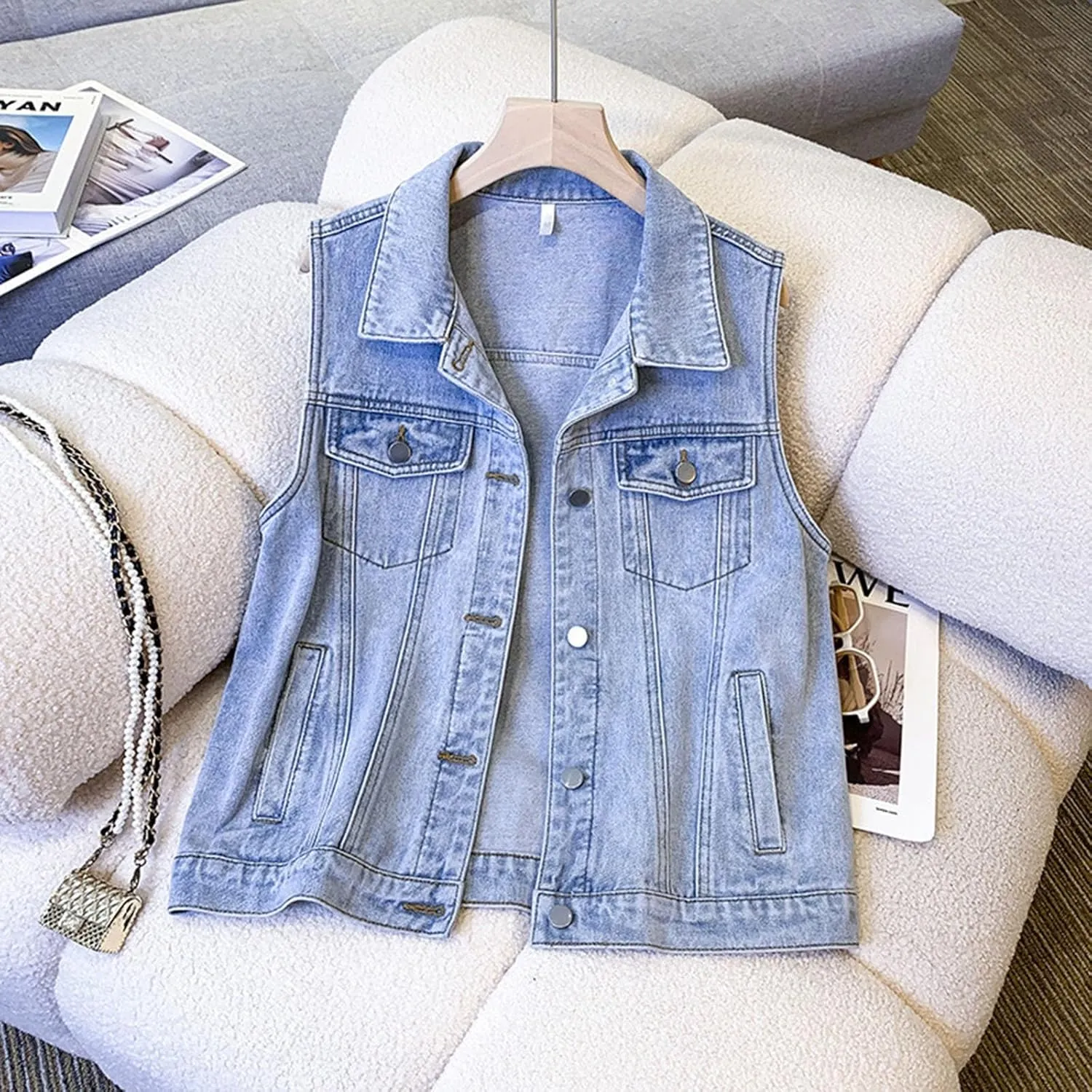 Denim Jacket for Women Plus Size Fashion 2024 Sleeveless Jean Vest Trendy Casual V Neck Button Down Jean Jacket Coat