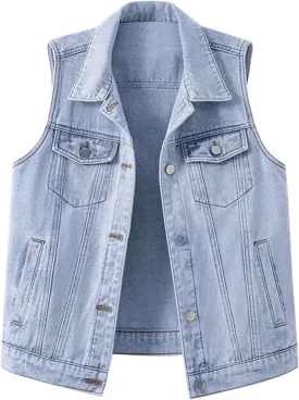 Denim Jacket for Women Plus Size Fashion 2024 Sleeveless Jean Vest Trendy Casual V Neck Button Down Jean Jacket Coat
