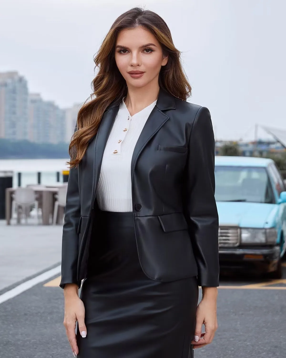 DIASHINY Women's Faux Leather Blazer Oversized Vintage Lapel Button Down Fashion Leather Jacket