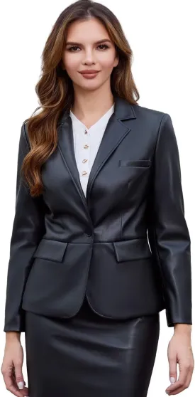 DIASHINY Women's Faux Leather Blazer Oversized Vintage Lapel Button Down Fashion Leather Jacket