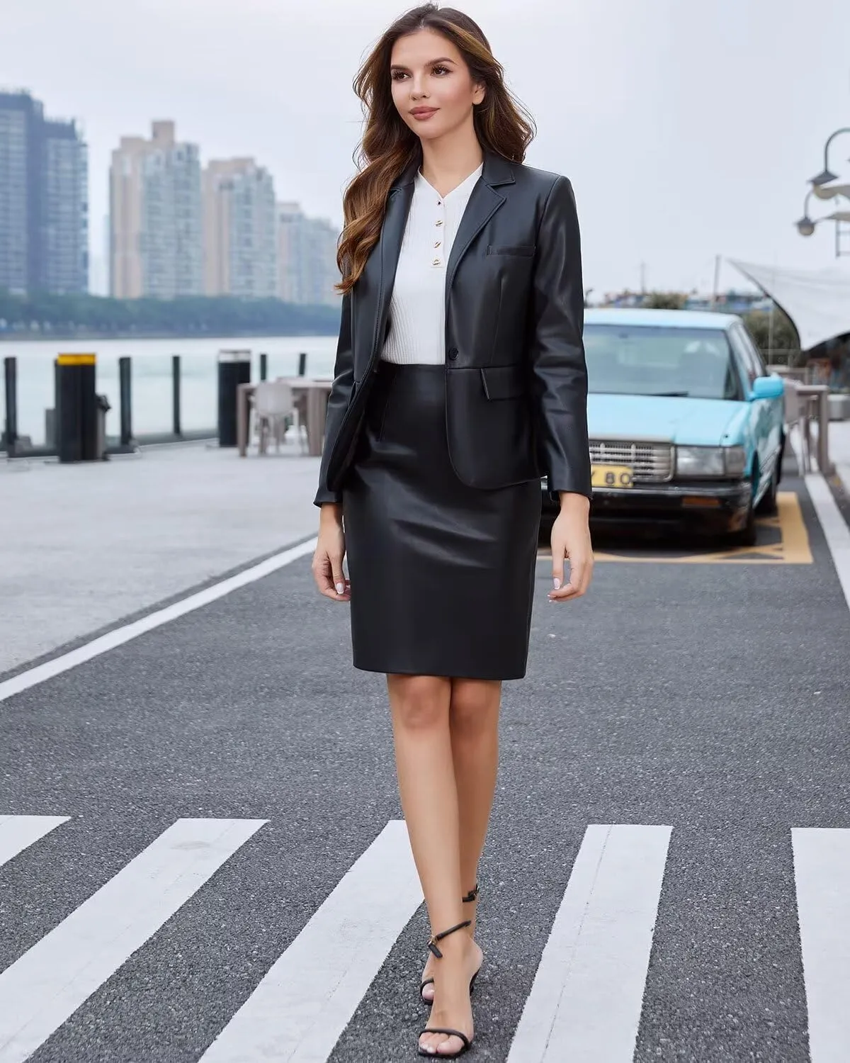 DIASHINY Women's Faux Leather Blazer Oversized Vintage Lapel Button Down Fashion Leather Jacket