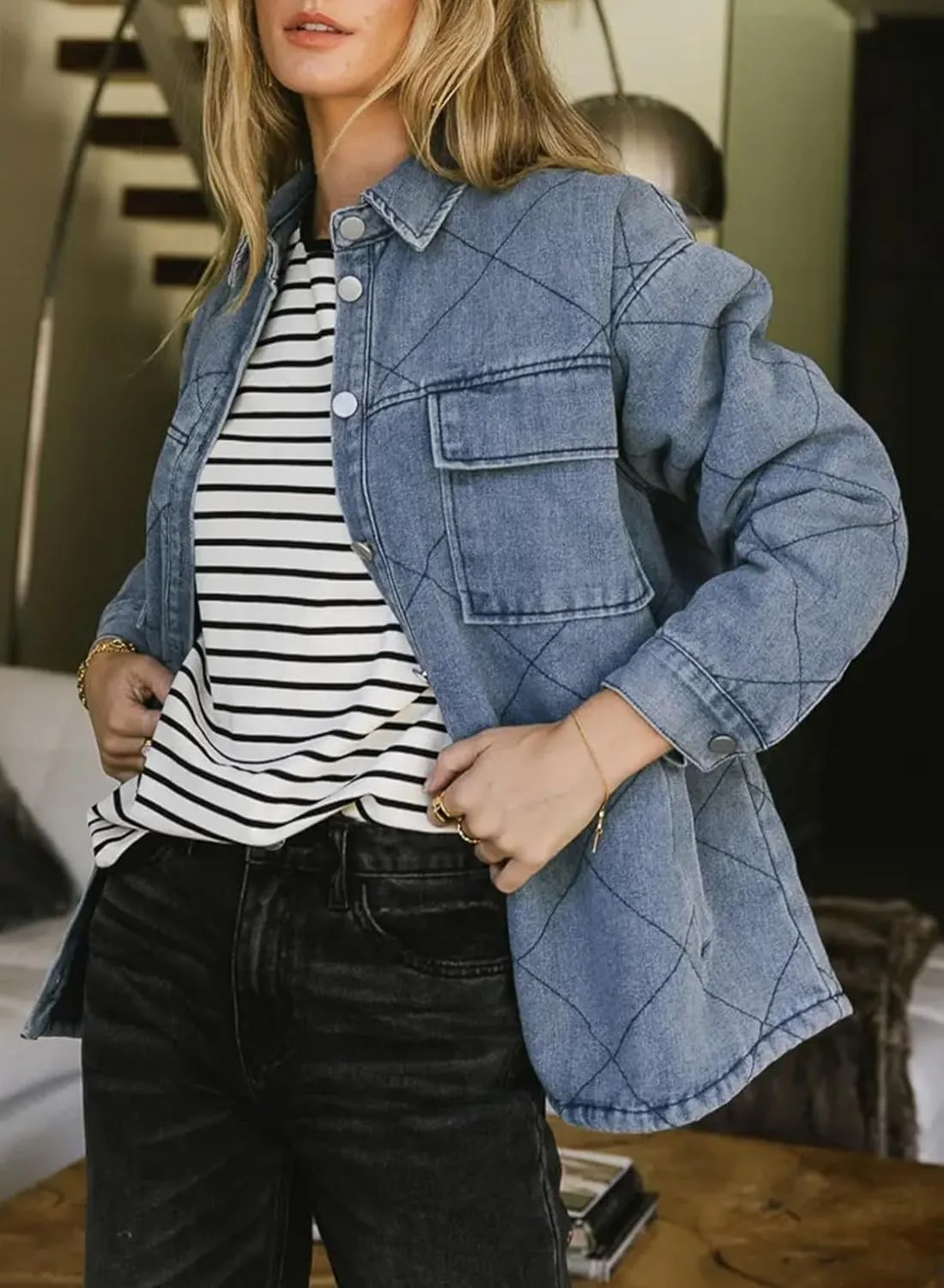 Dokotoo Denim Jacket for Women Fashion Solid Oversized Long Sleeve Button Down Shacket Jacket Coat with Pockets