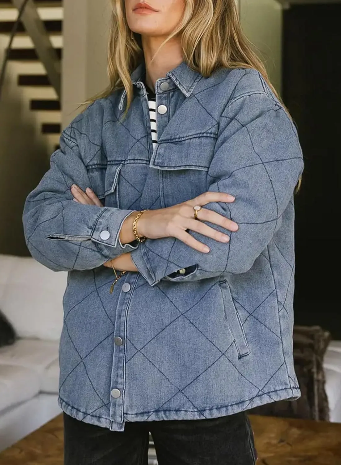 Dokotoo Denim Jacket for Women Fashion Solid Oversized Long Sleeve Button Down Shacket Jacket Coat with Pockets