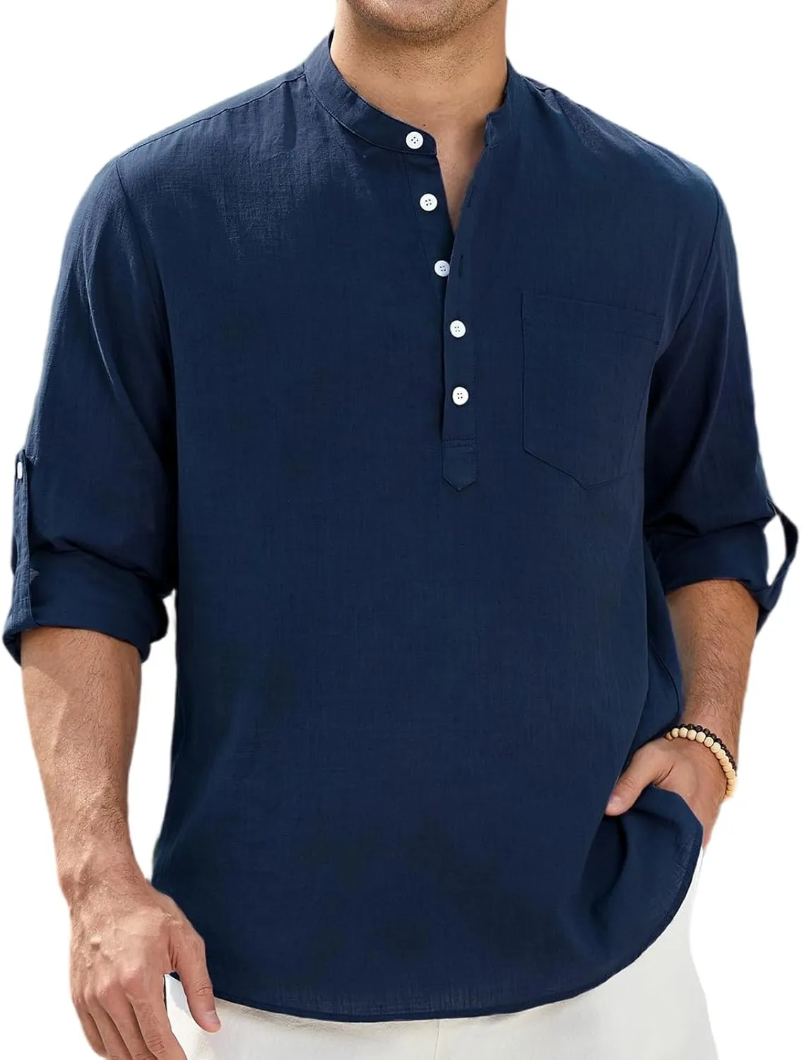 Enlision Mens Cotton Linen Henley Shirts Long Sleeve Casual Shirt Summer Beach Hippie T-Shirt Band Collar Shirt & Pocket