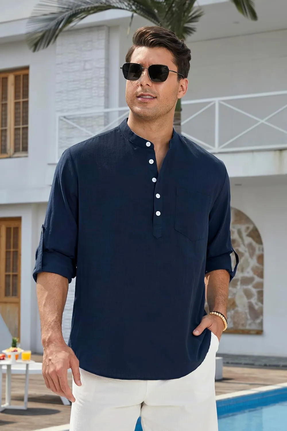 Enlision Mens Cotton Linen Henley Shirts Long Sleeve Casual Shirt Summer Beach Hippie T-Shirt Band Collar Shirt & Pocket