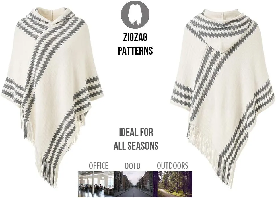 Ferand Women's Cozy Zigzag Poncho Sweater Lightweight Fringe Cape Cloak with Hood
