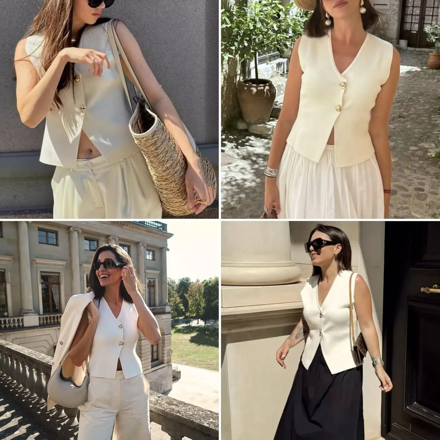 FindThy Womens Cropped Knit Vest V Neck Button Up Solid Color Sleeveless Gilet Tank Tops