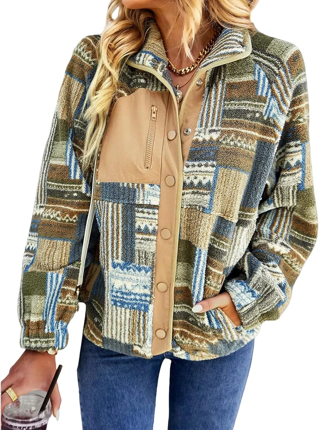 Fleece Jacket Womens Western Aztec Print Button Down Shacket Jacket Winter Warm Long Sleeve Tribal Coat Outwear
