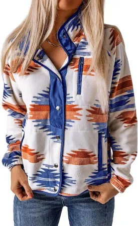 Fleece Jacket Womens Western Aztec Print Button Down Shacket Jacket Winter Warm Long Sleeve Tribal Coat Outwear