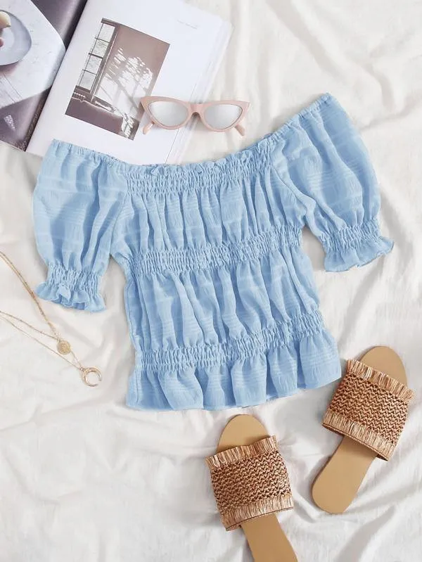 Frill Trim Puff Sleeve Shirred Detail Top