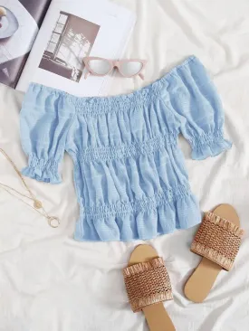 Frill Trim Puff Sleeve Shirred Detail Top