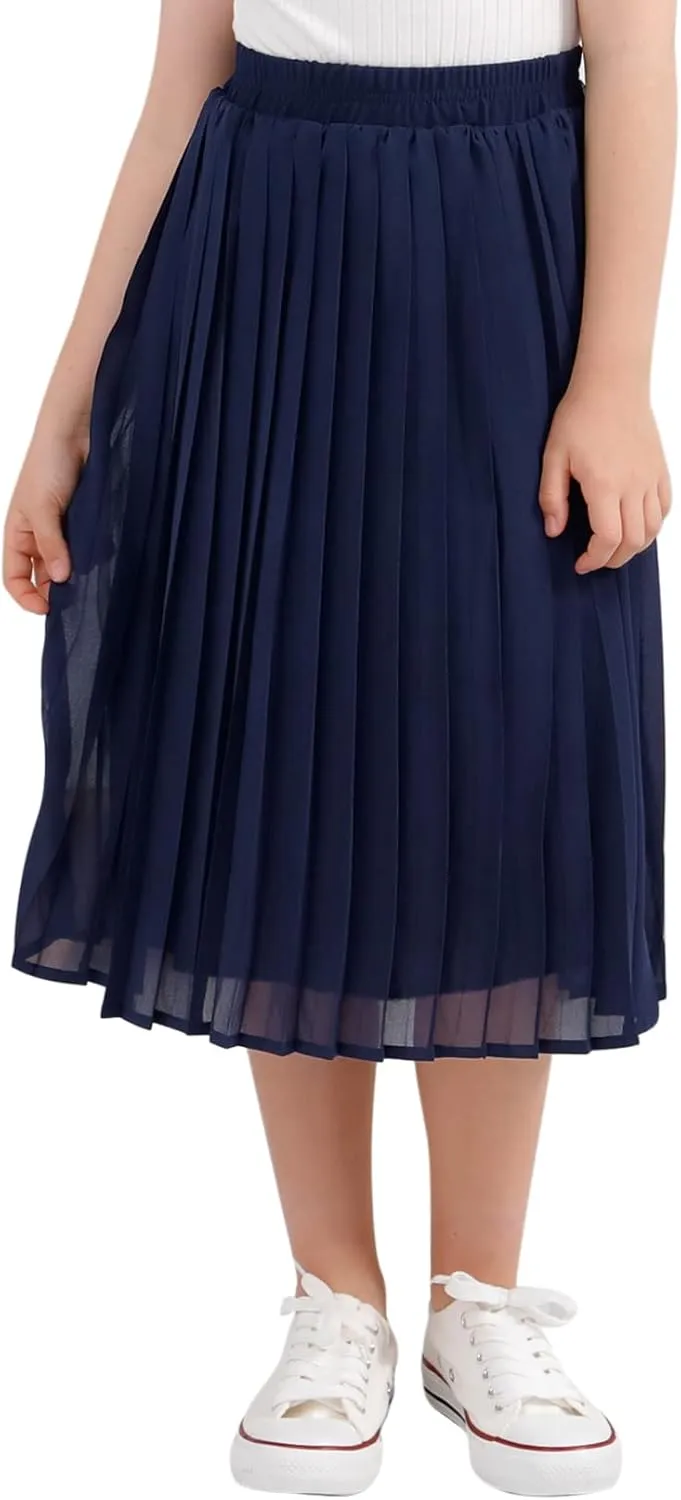 GORLYA Girls Chiffon Pleated Elastic High Waist A-Line Boho Swing Maxi Long Skirt 4-14T