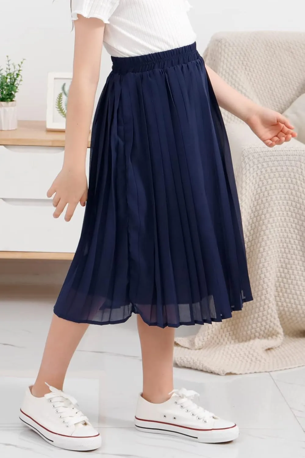 GORLYA Girls Chiffon Pleated Elastic High Waist A-Line Boho Swing Maxi Long Skirt 4-14T