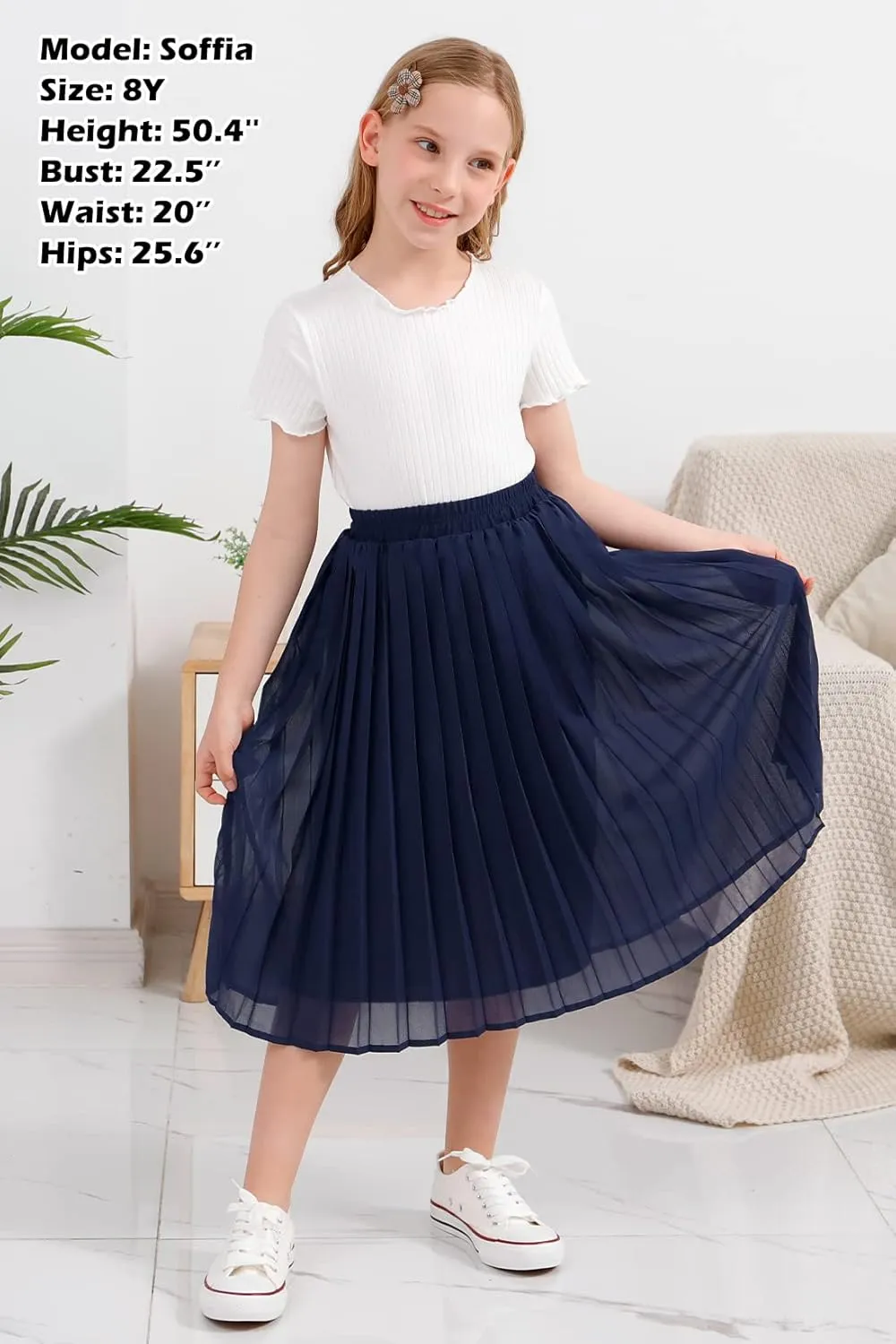 GORLYA Girls Chiffon Pleated Elastic High Waist A-Line Boho Swing Maxi Long Skirt 4-14T