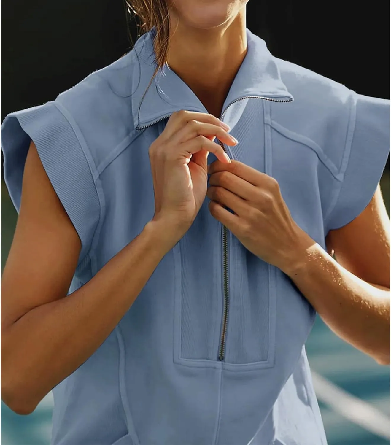 Hoodies for Women Lightweight Zip Up Hoodie Women Solid Color V-Neck Sleeveless Pullover Casual Tennis Hoodie Dress