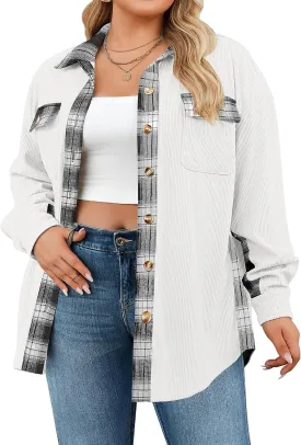 IN'VOLAND Womens Plus Size Corduroy Shacket Jacket Plaid Button Down Shirts Boyfriend Casual Long Sleeves Blouses Tops