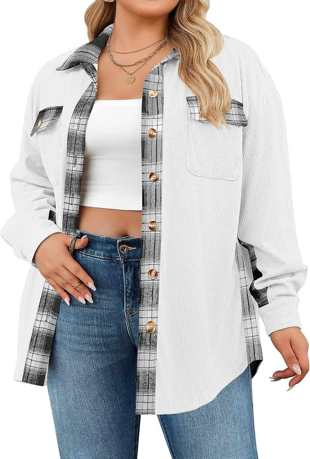IN'VOLAND Womens Plus Size Corduroy Shacket Jacket Plaid Button Down Shirts Boyfriend Casual Long Sleeves Blouses Tops