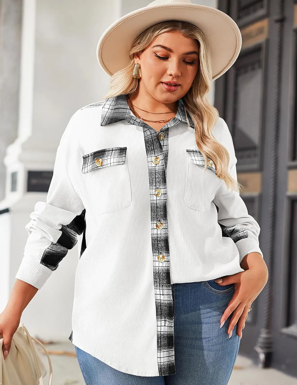 IN'VOLAND Womens Plus Size Corduroy Shacket Jacket Plaid Button Down Shirts Boyfriend Casual Long Sleeves Blouses Tops